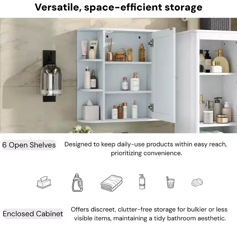 Pensile per bagno con specchio, 8 ripiani, legno, 26x6,5x24,75 pollici, capacità 45 libbre