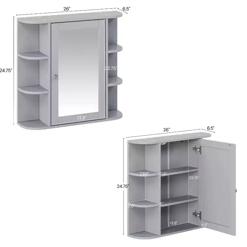 Pensile per bagno con specchio, 8 ripiani, legno, 26x6,5x24,75 pollici, capacità 45 libbre