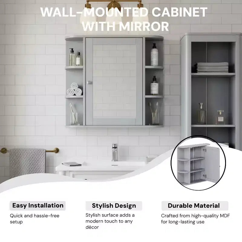 Pensile per bagno con specchio, 8 ripiani, legno, 26x6,5x24,75 pollici, capacità 45 libbre