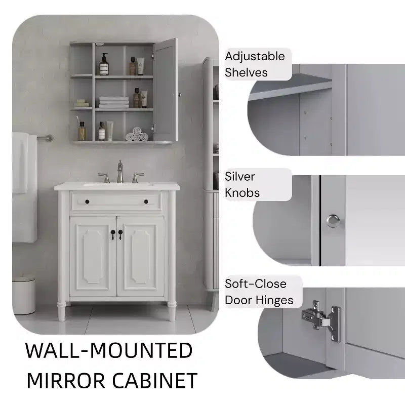 Pensile per bagno con specchio, 8 ripiani, legno, 26x6,5x24,75 pollici, capacità 45 libbre