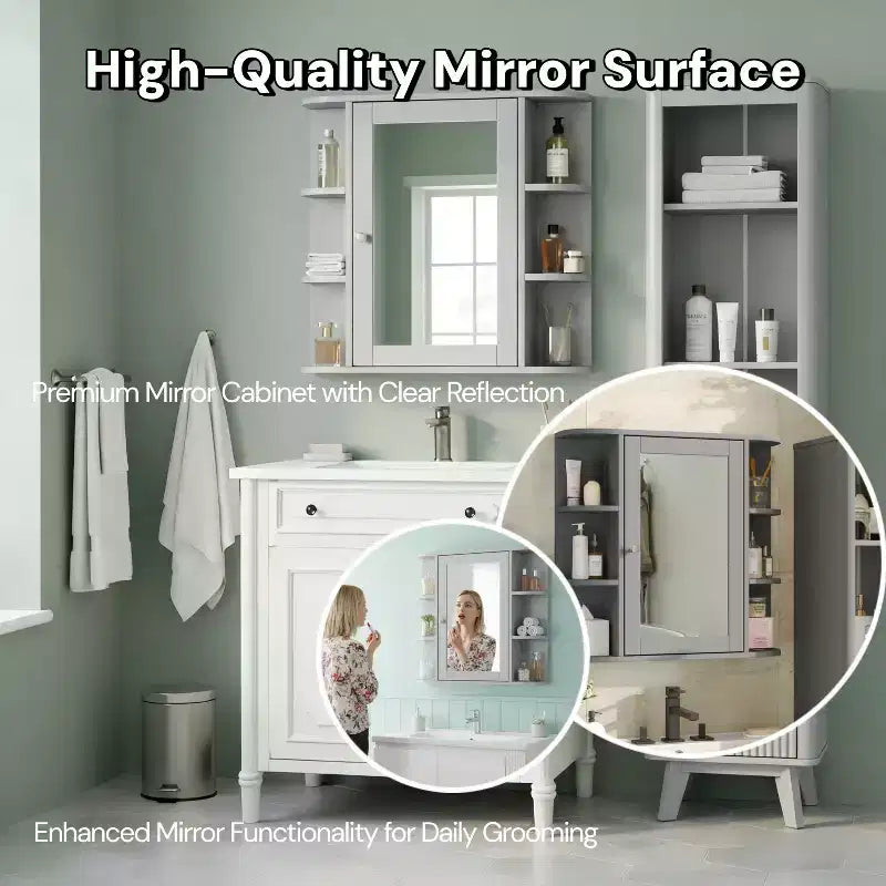 Pensile per bagno con specchio, 8 ripiani, legno, 26x6,5x24,75 pollici, capacità 45 libbre