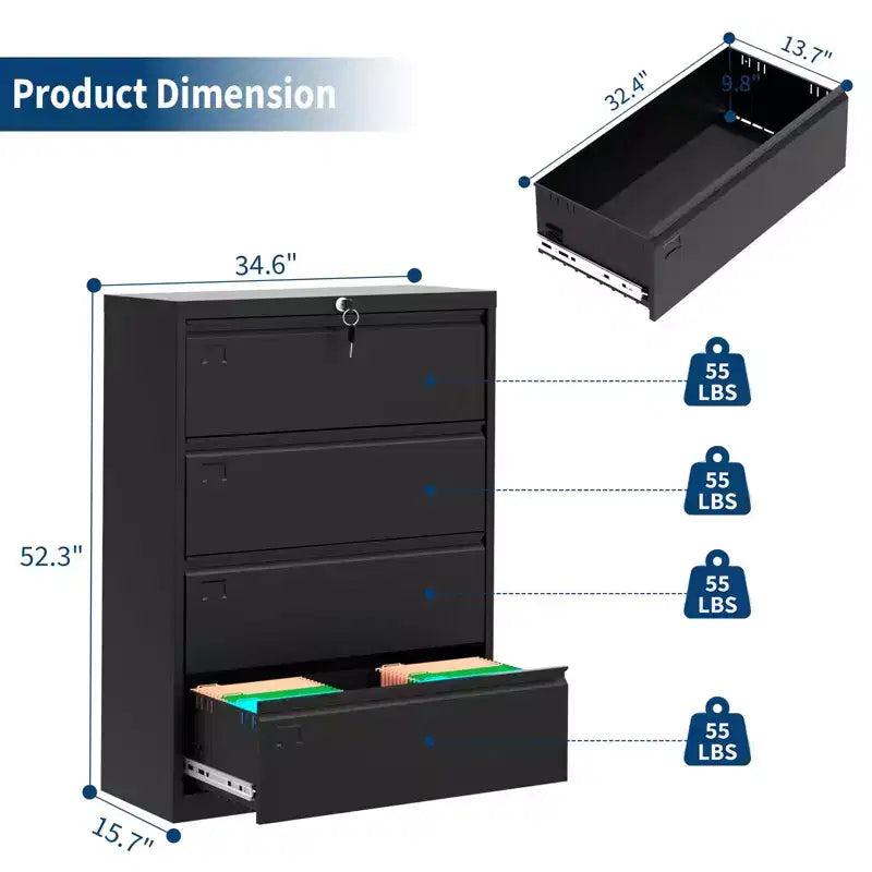 Classificatore laterale in acciaio a 4 cassetti con serratura per formati Letter/Legal/A4, ampio organizer per ufficio