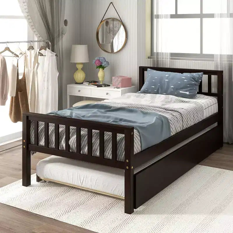 Letto a piattaforma singolo con letto estraibile a rotelle, legno massello di pino, testiera, non necessita di rete a molle