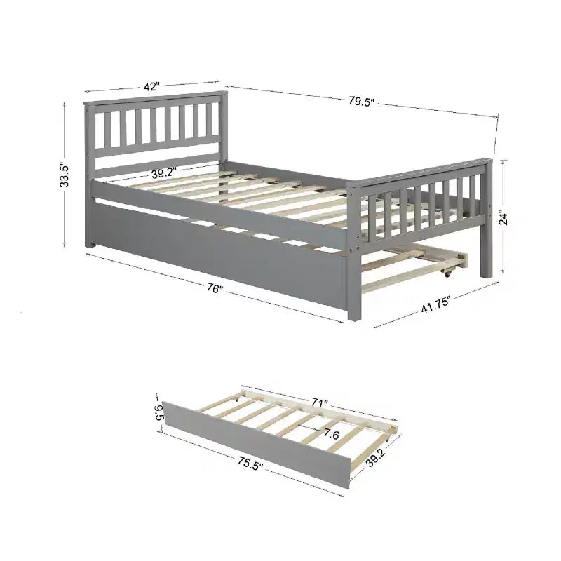 Letto a piattaforma singolo con letto estraibile a rotelle, legno massello di pino, testiera, non necessita di rete a molle