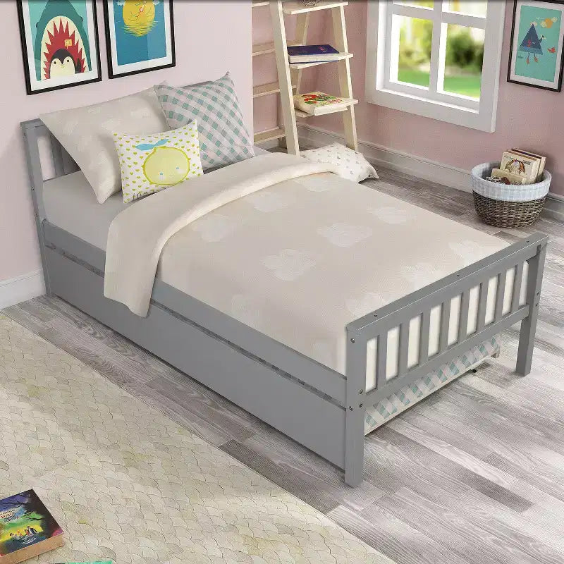 Letto a piattaforma singolo con letto estraibile a rotelle, legno massello di pino, testiera, non necessita di rete a molle
