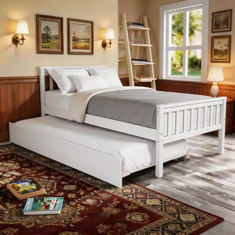 Letto a piattaforma singolo con letto estraibile a rotelle, legno massello di pino, testiera, non necessita di rete a molle