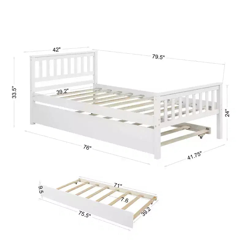 Letto a piattaforma singolo con letto estraibile a rotelle, legno massello di pino, testiera, non necessita di rete a molle