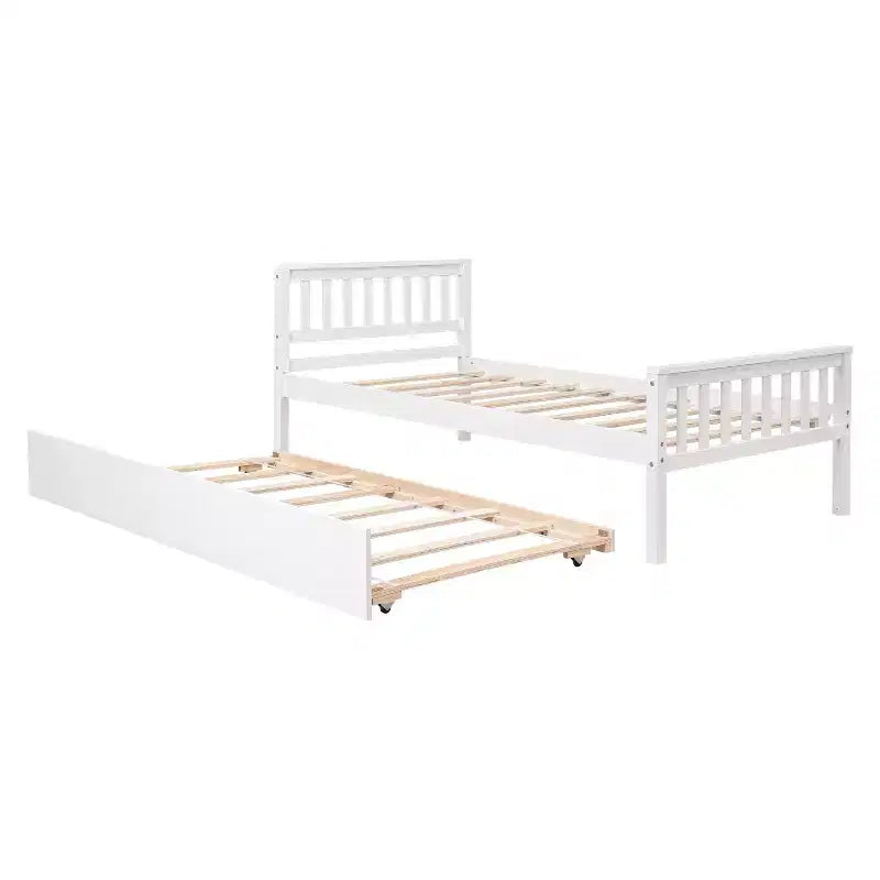 Letto a piattaforma singolo con letto estraibile a rotelle, legno massello di pino, testiera, non necessita di rete a molle