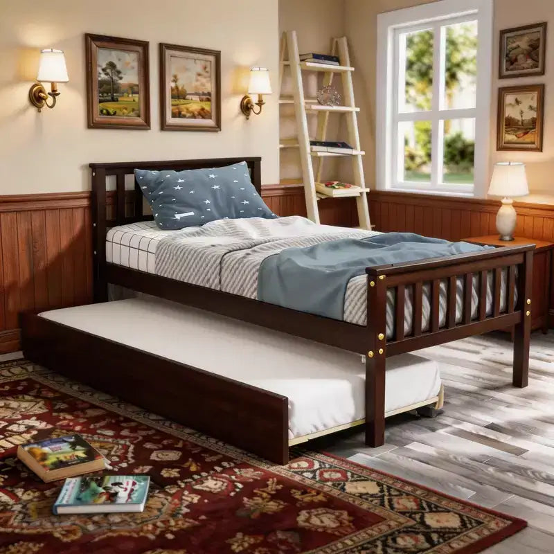 Letto a piattaforma singolo con letto estraibile a rotelle, legno massello di pino, testiera, non necessita di rete a molle