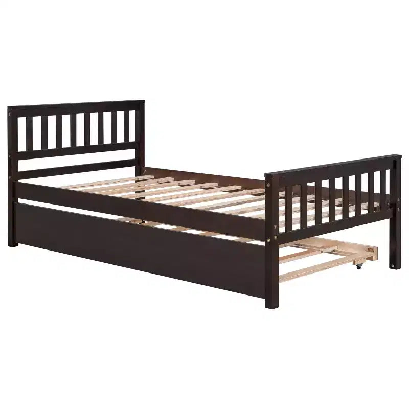 Letto a piattaforma singolo con letto estraibile a rotelle, legno massello di pino, testiera, non necessita di rete a molle
