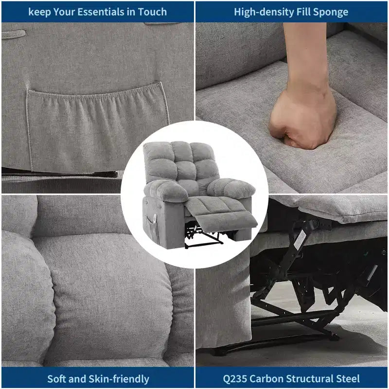 Ampia Poltrona Reclinabile Dondolante con Massaggio e Calore, Portata 150 kg, 2 Tasche Laterali, Tessuto Traspirante