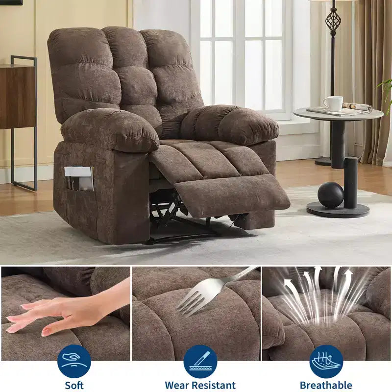Ampia Poltrona Reclinabile Dondolante con Massaggio e Calore, Portata 150 kg, 2 Tasche Laterali, Tessuto Traspirante