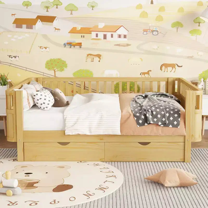 Letto a piattaforma in legno per bambini, misura grande, con sponde di sicurezza, 2 cassetti portaoggetti, età 3-9 anni, naturale