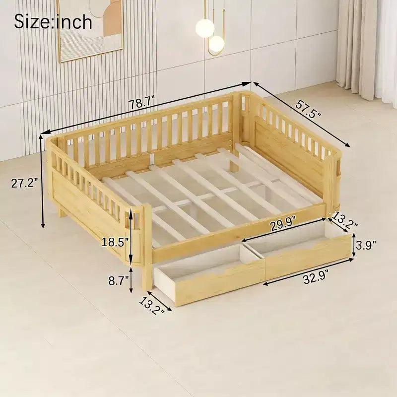Letto a piattaforma in legno per bambini, misura grande, con sponde di sicurezza, 2 cassetti portaoggetti, età 3-9 anni, naturale