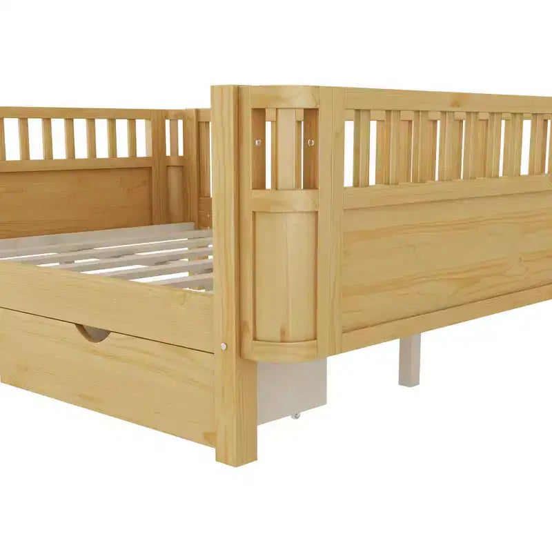 Letto a piattaforma in legno per bambini, misura grande, con sponde di sicurezza, 2 cassetti portaoggetti, età 3-9 anni, naturale