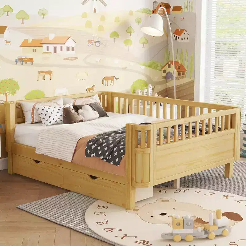 Letto a piattaforma in legno per bambini, misura grande, con sponde di sicurezza, 2 cassetti portaoggetti, età 3-9 anni, naturale