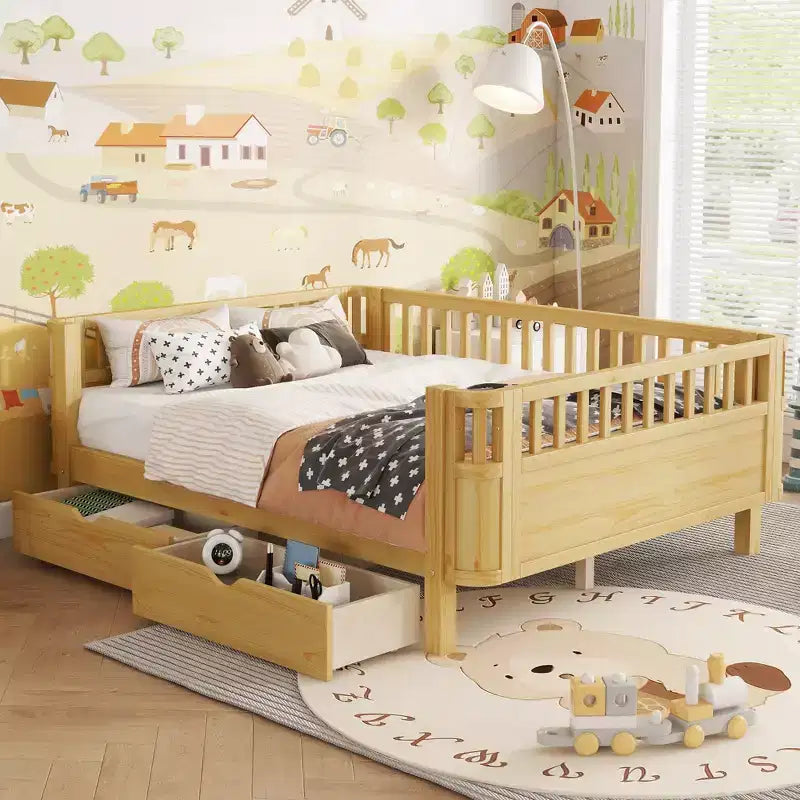 Letto a piattaforma in legno per bambini, misura grande, con sponde di sicurezza, 2 cassetti portaoggetti, età 3-9 anni, naturale
