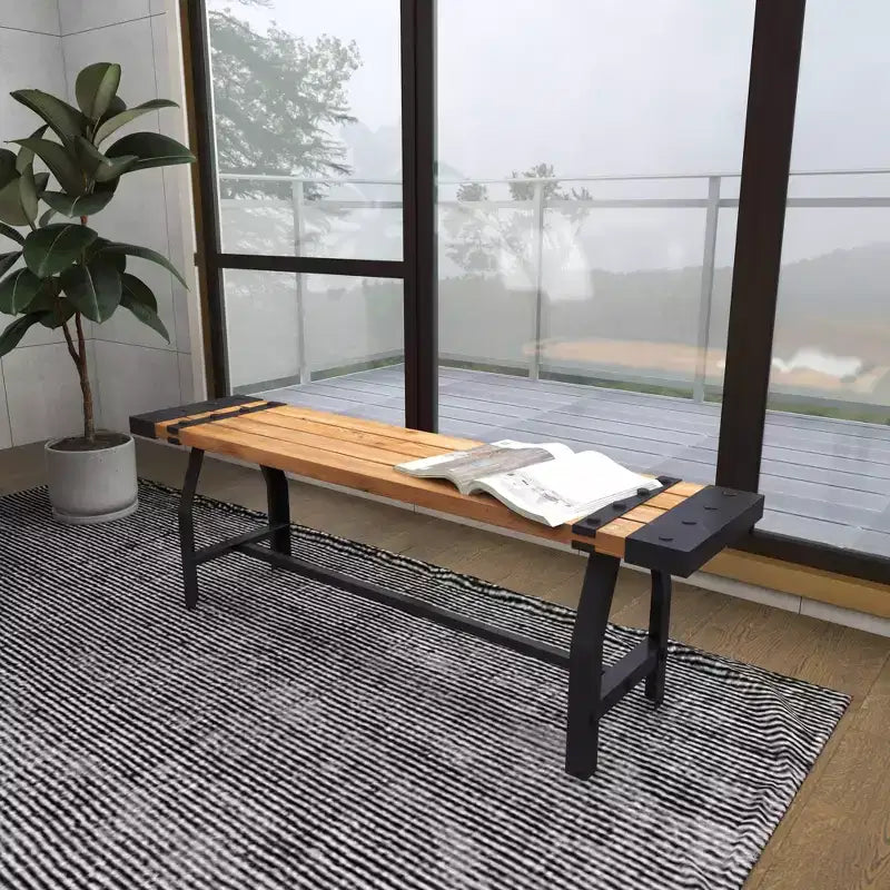 Panca industriale in legno e metallo, base a cavalletto, 3 posti, 140x33x46 cm, 181 kg di capacità