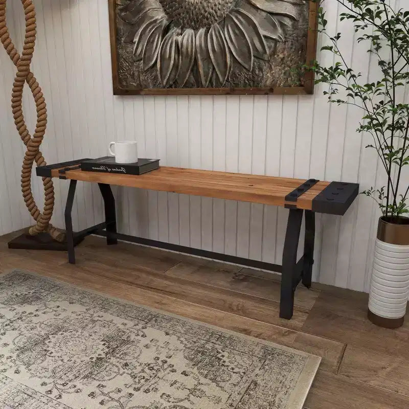 Panca industriale in legno e metallo, base a cavalletto, 3 posti, 140x33x46 cm, 181 kg di capacità