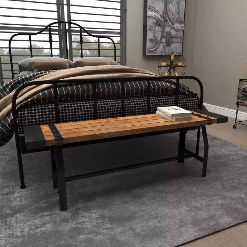 Panca industriale in legno e metallo, base a cavalletto, 3 posti, 140x33x46 cm, 181 kg di capacità