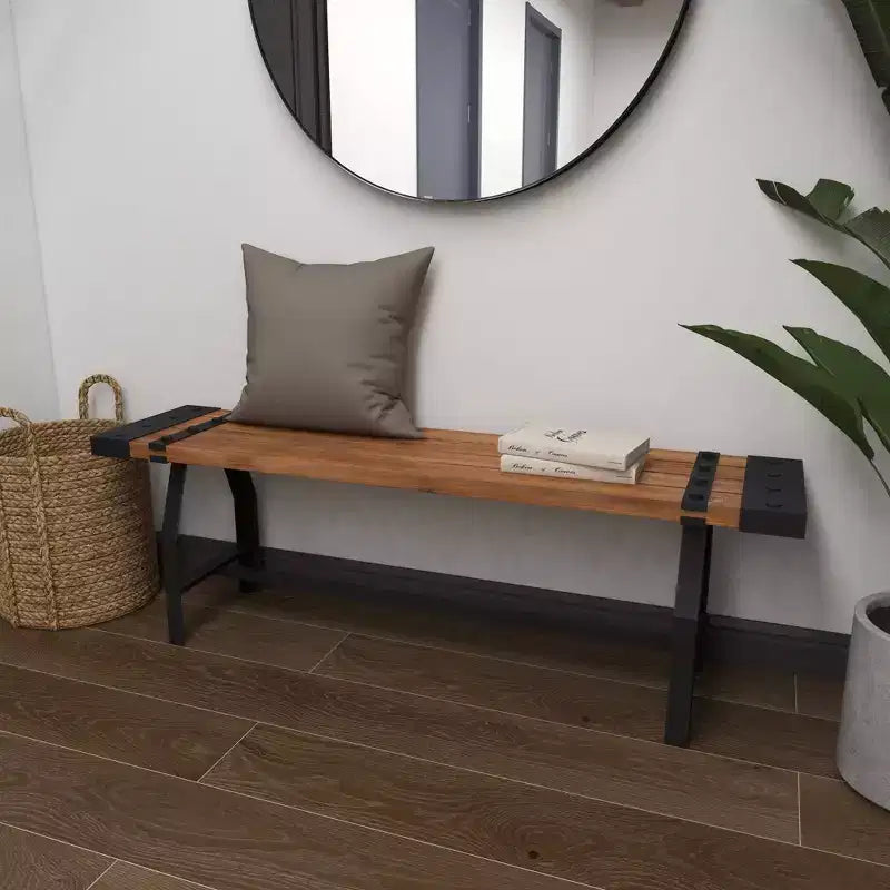 Panca industriale in legno e metallo, base a cavalletto, 3 posti, 140x33x46 cm, 181 kg di capacità