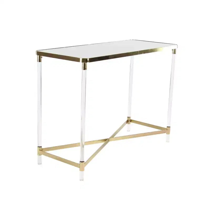 Consolle moderna in acrilico, struttura in ferro dorato, ripiano a specchio, base a X, 44x19x32 pollici