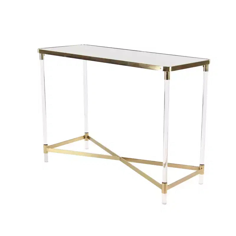 Consolle moderna in acrilico, struttura in ferro dorato, ripiano a specchio, base a X, 44x19x32 pollici