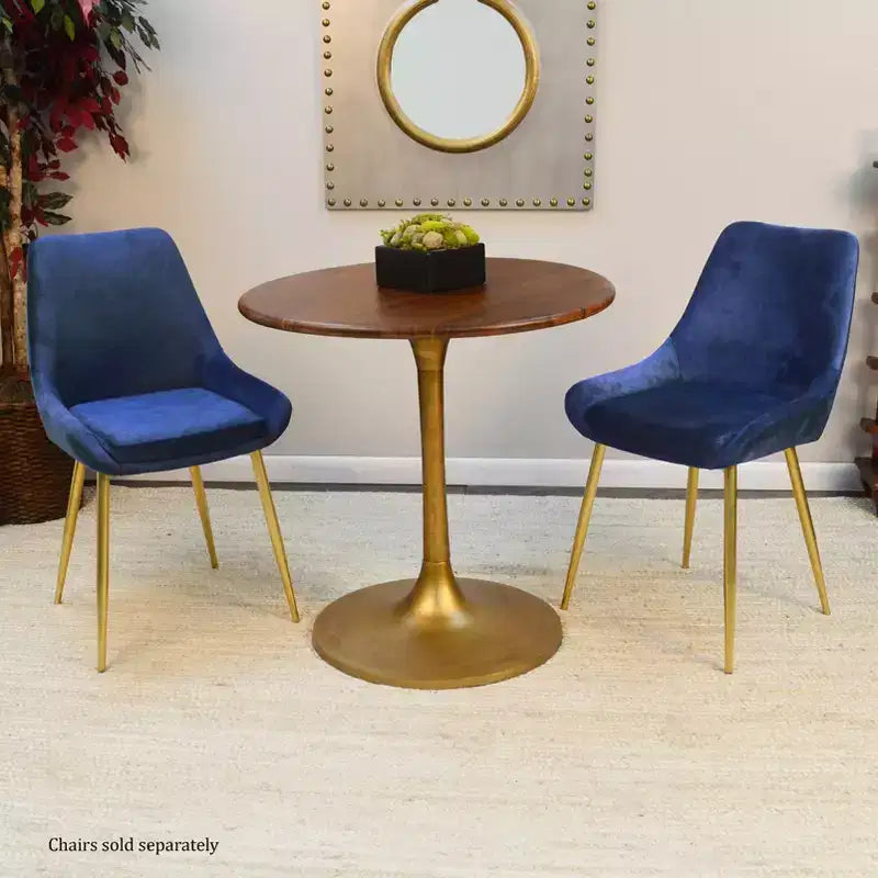 Tavolo da pranzo rotondo da 30", piano in legno di mango, base a piedistallo in alluminio dorato, 2 posti, non sono necessari attrezzi