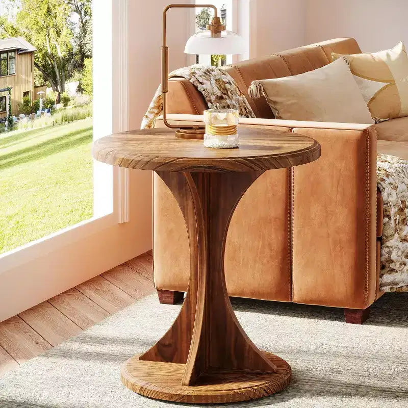 Tavolino rotondo in legno piccolo, piedistallo a clessidra, impermeabile e antigraffio, 50 cm di diametro, marrone