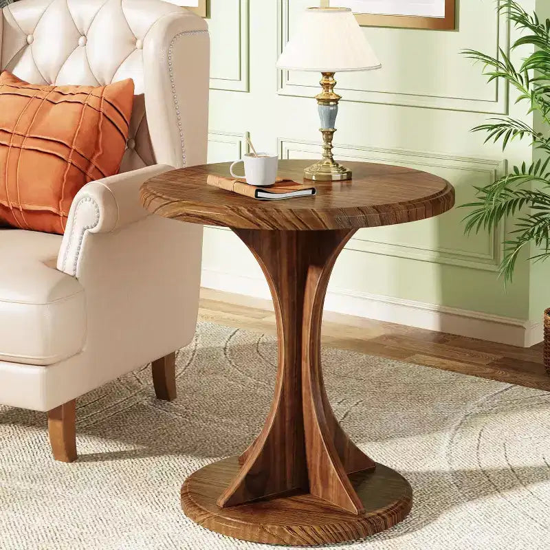 Tavolino rotondo in legno piccolo, piedistallo a clessidra, impermeabile e antigraffio, 50 cm di diametro, marrone